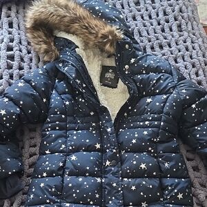Navy Star Print Puffer Jacket with Faux Fur Hood